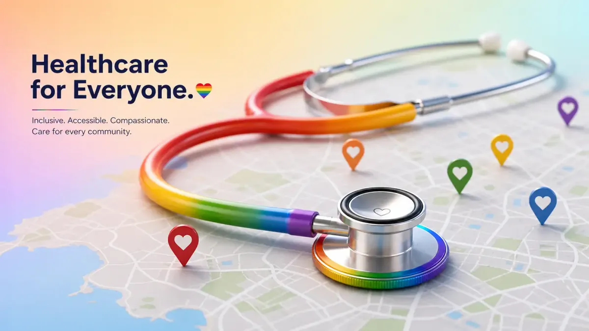 A rainbow healthcare stethoscope resting on a map with location pins, symbolizing the search for affirming medical care