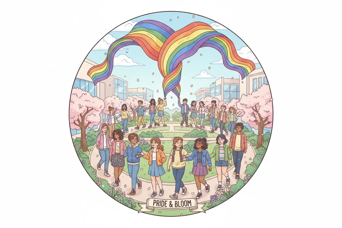 Diverse group of LGBTQ+ students of different backgrounds standing together, each holding a different colored flag that interweaves to form a tapestry of identities