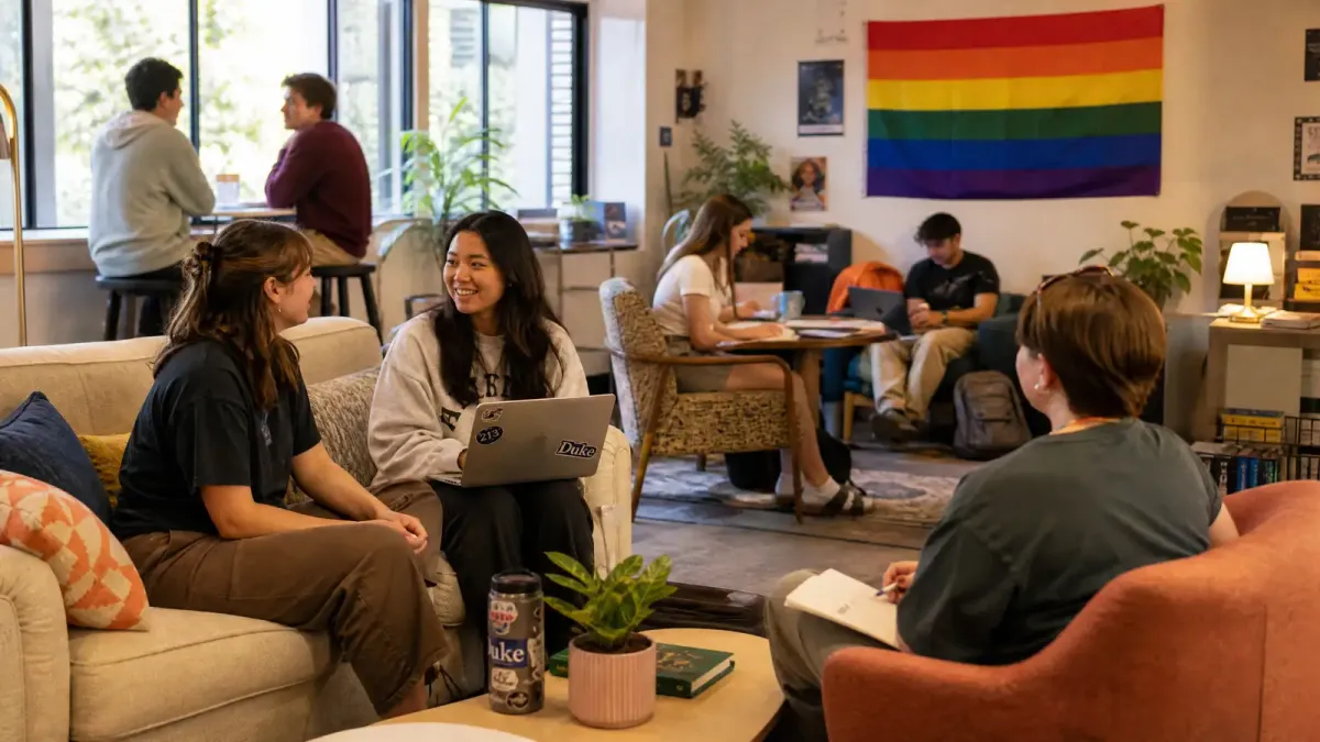 Modern university dorm common area with rainbow pride flag and inclusive community bulletin board