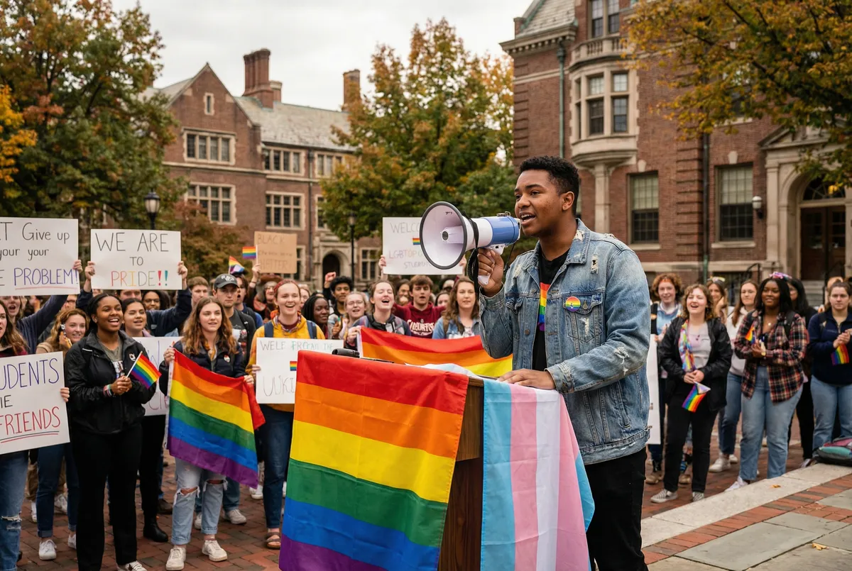 LGBTQ+ student leader speaking at a campus rally with pride flags visible, representing activism and voice