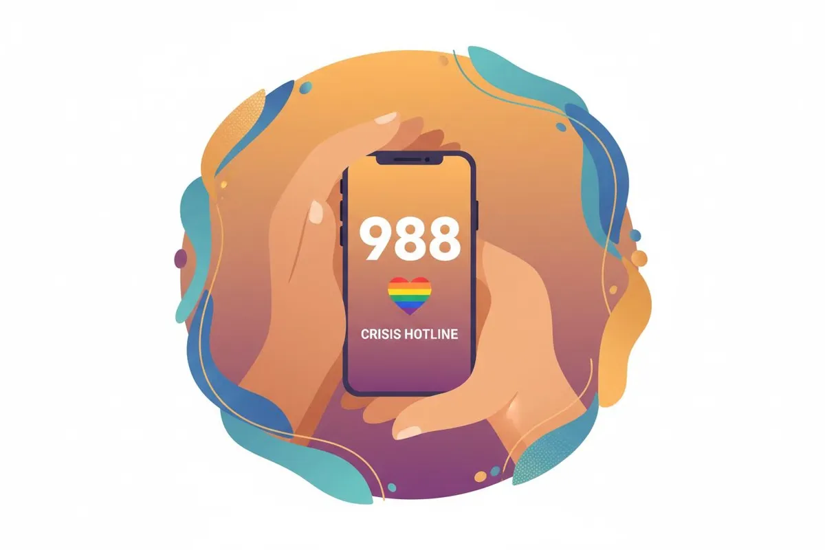 Warm and supportive hands holding a phone displaying a crisis hotline, with a rainbow heart symbol floating above representing LGBTQ+ crisis support