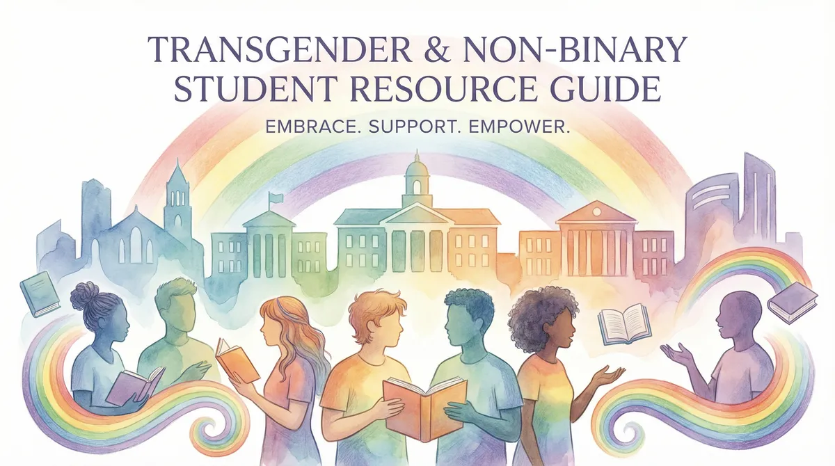 Warm and inclusive campus scene illustration with diverse student silhouettes, rainbow elements, and abstract campus buildings in soft rainbow tones