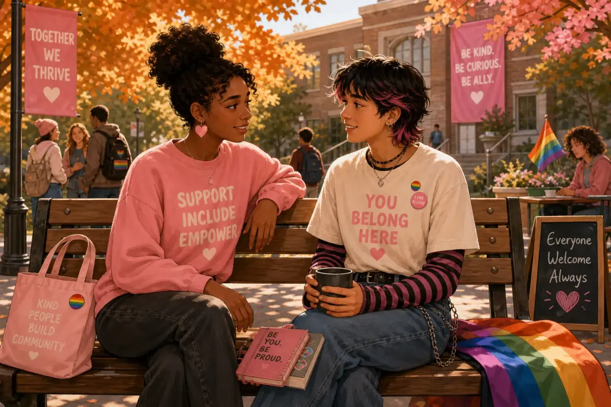 A warm illustration of a professor and student sitting across from each other in a sunlit campus office, bookshelves behind them, with subtle rainbow light filtering through the window, creating a sense of safety and trust
