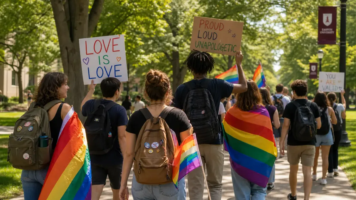 A group of diverse college students carrying Pride flags and walking together on a sunny campus path, with banners and signs visible in the background