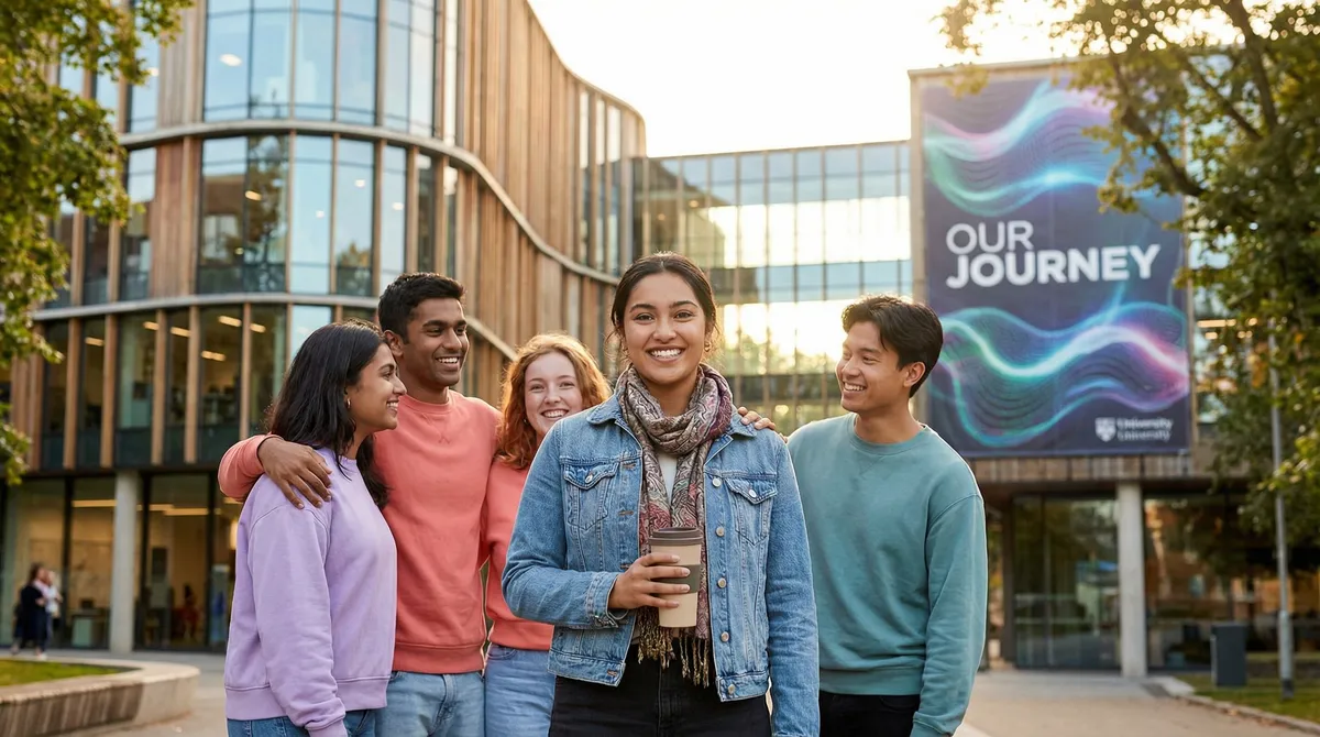 A student standing confidently on campus with supportive friends nearby