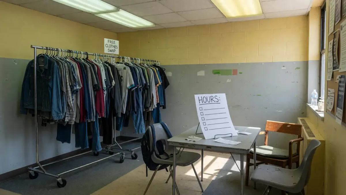 Campus lounge corner with a clothing rack of mixed sizes, a folding table, and a paper sign for club hours, afternoon light, no logos