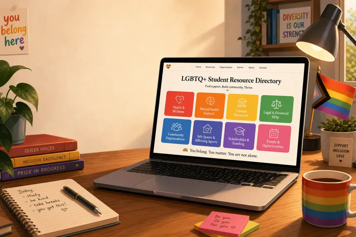 A laptop screen displaying a resource directory with rainbow-colored category icons, set against a warm, inviting background suggesting a safe digital space.