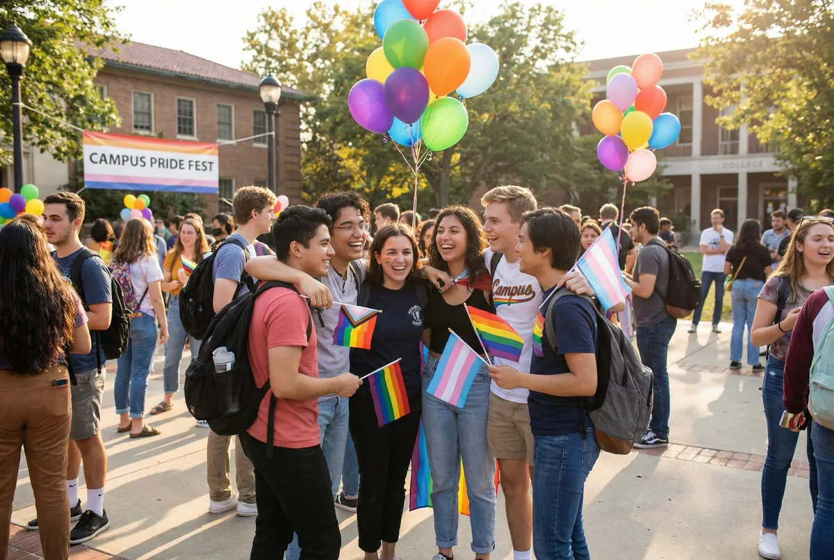 Diverse group of LGBTQ+ students laughing together at a campus event, holding pride flags and balloons