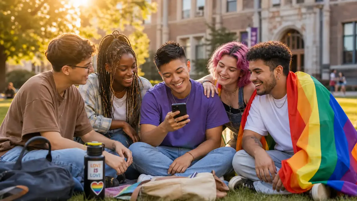 A diverse group of LGBTQ+ college students sitting together on a sunny campus lawn, one person smiling while looking at a phone, warm natural light suggesting hope and community