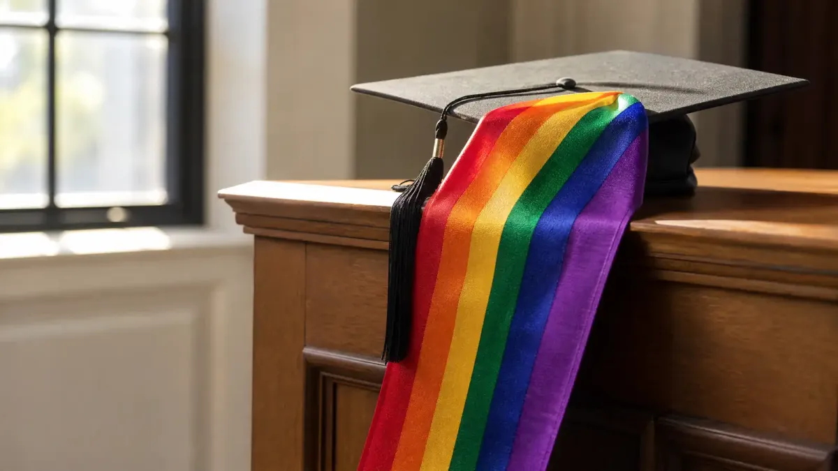 A graduation cap with a rainbow stole draped over it, resting on a wooden podium with soft morning light streaming through