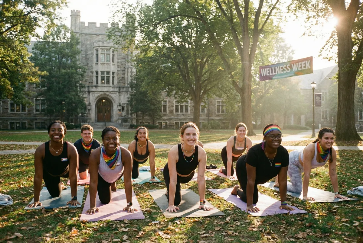 Happy diverse group of LGBTQ+ students practicing yoga outdoors on a college campus, representing wellness and physical health