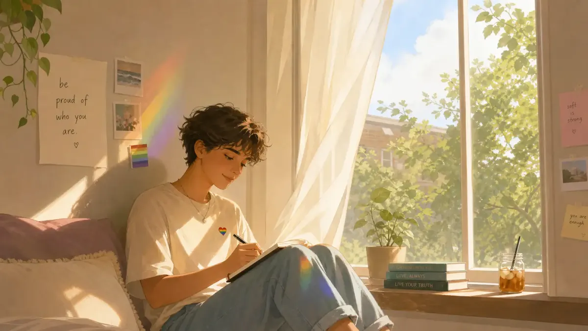 A warm illustration of a student sitting by a sunlit window with a journal and a pride flag in the corner, feeling peaceful and grounded, soft pastel tones