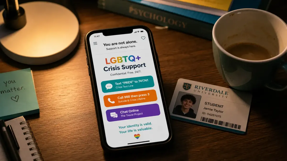 A phone screen showing a crisis hotline interface, with colorful text indicating LGBTQ+ support options, placed on a desk next to a college ID card and a half-finished cup of coffee