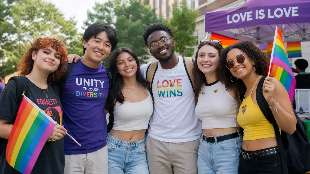 Diverse group of students at a campus LGBTQ+ event holding rainbow flags