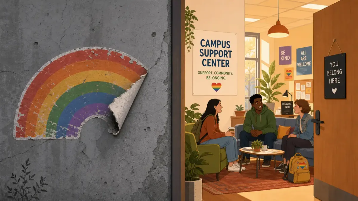 A split illustration showing a performative rainbow sticker peeling off a campus wall on one side, and a warm, welcoming student resource center with students talking to a staff member on the other