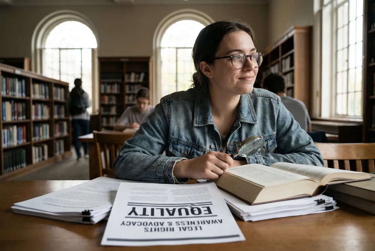 Student reviewing document with equality symbol, representing legal rights awareness and advocacy
